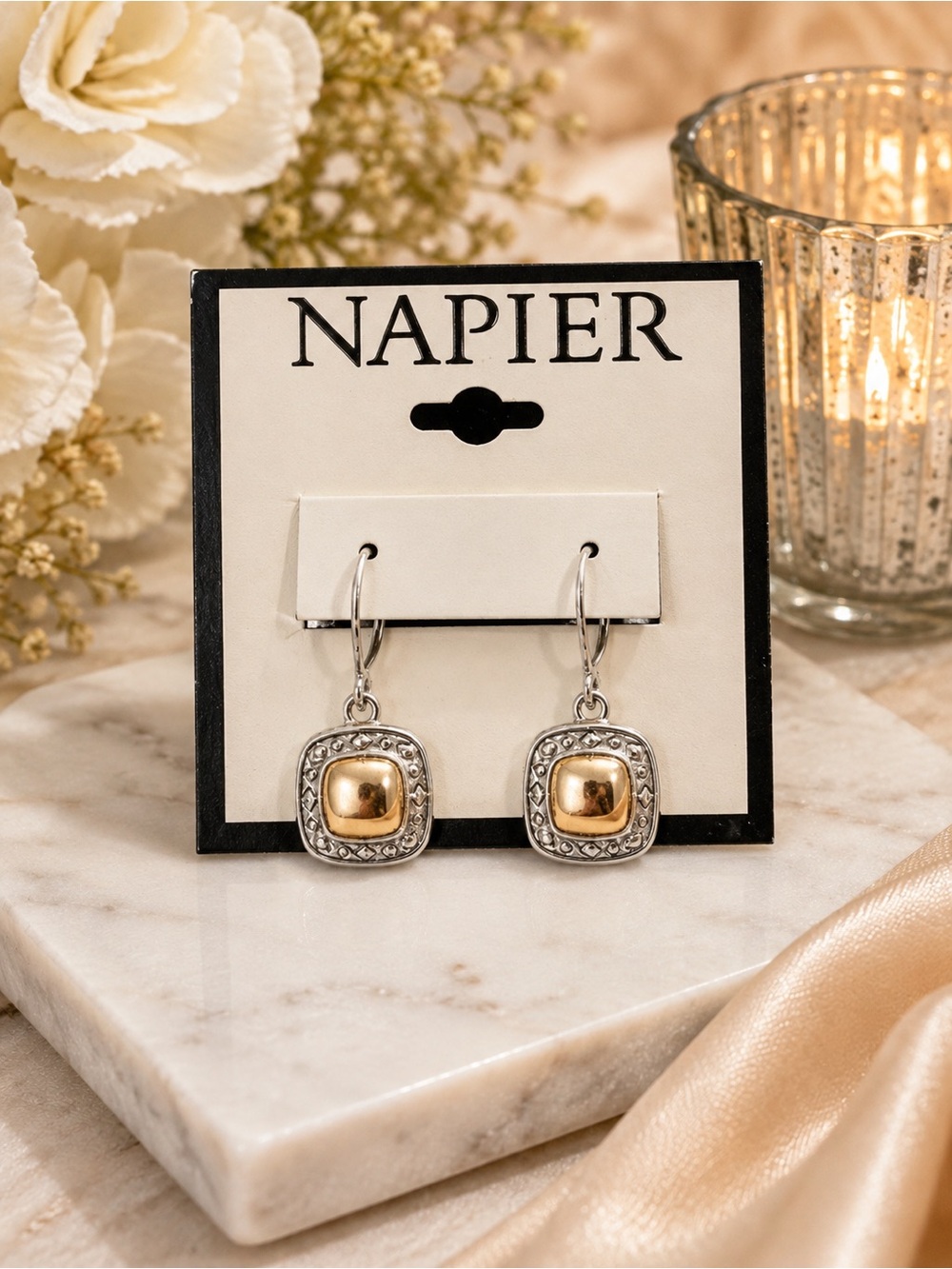 NWT Napier Two-Tone Silver & Gold Square Pattern Balance Drop Earrings